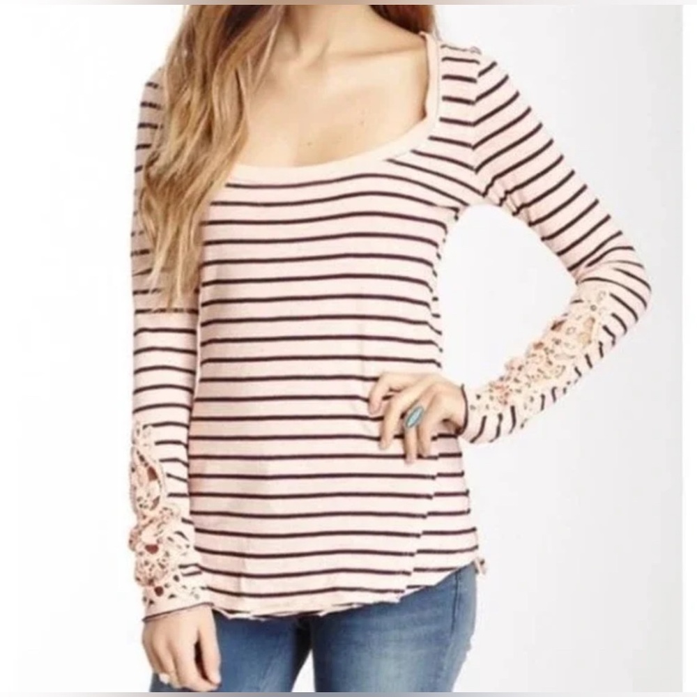 Free People Hard Candy Henley Crochet Cuff Pink Peach Maroon Stripes Sz M - Picture 9 of 10